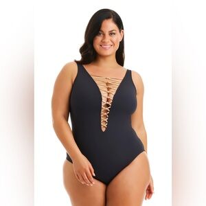 Bleu Rod Beattie Black Let’s Get Knotty Lace Up One Piece Swimsuit